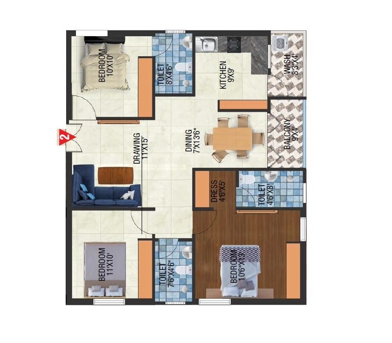Floor plan of 3 BHK 1355 Sq. Ft. Apartment in Ludhani Krishna Nivas, Hyderabad