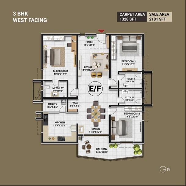 Floor plan of 3 BHK 2101 Sq. Ft. Apartment in Lumbini Elysee, Hyderabad