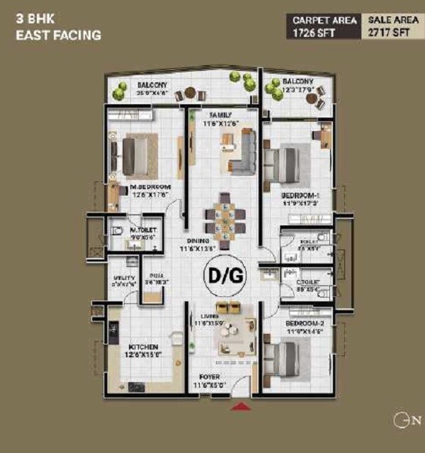 Floor plan of 3 BHK 2717 Sq. Ft. Apartment in Lumbini Elysee, Hyderabad