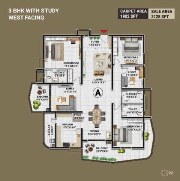Floor plan of 3 BHK 3128 Sq. Ft. Apartment in Lumbini Elysee, Hyderabad