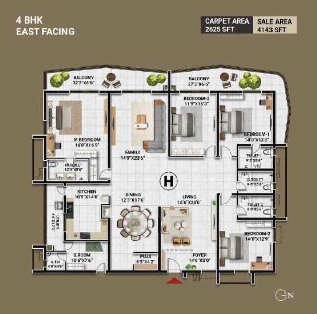 Floor plan of 4 BHK 4143 Sq. Ft. Apartment in Lumbini Elysee, Hyderabad
