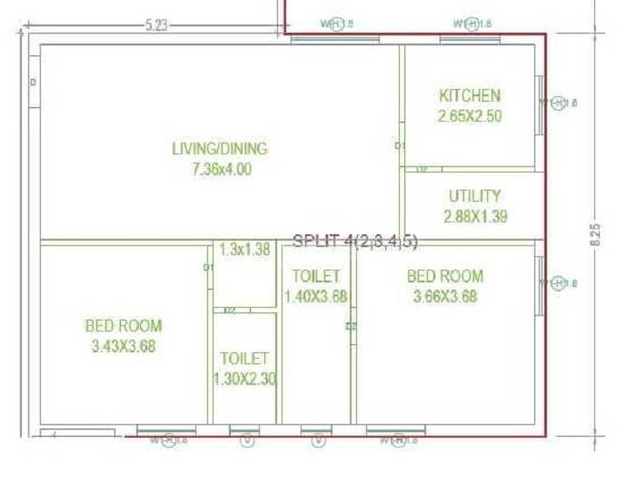 Floor plan of 2 BHK 1227 Sq. Ft. Apartment in Luxuvia Sri Laxmi Janardhana Nilayam, Hyderabad