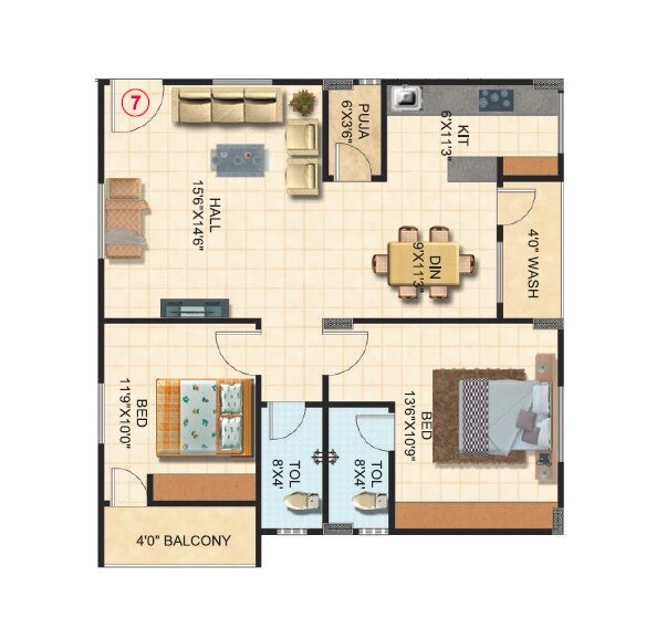 Floor plan of 2 BHK 1225 Sq. Ft. Apartment in Maanvi Alpha Homes, Hyderabad