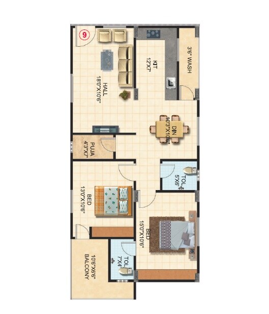 Floor plan of 2 BHK 1300 Sq. Ft. Apartment in Maanvi Alpha Homes, Hyderabad