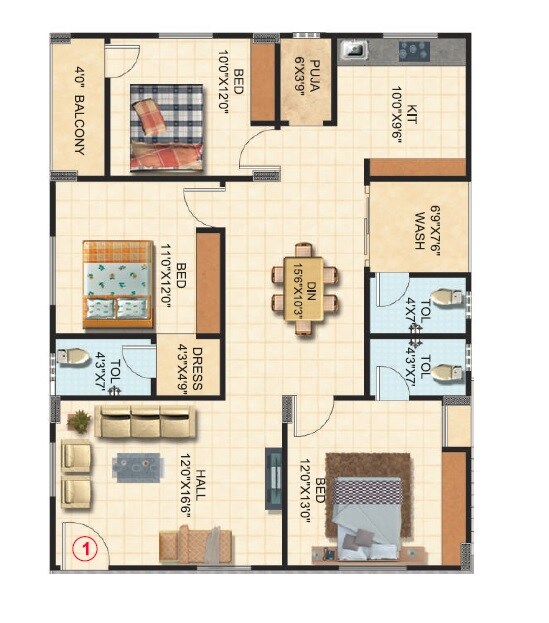 Floor plan of 3 BHK 1550 Sq. Ft. Apartment in Maanvi Alpha Homes, Hyderabad