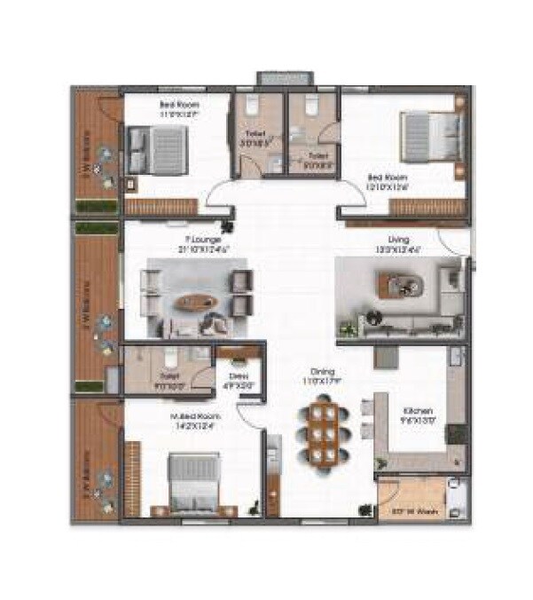 Floor plan of 3 BHK 2390 Sq. Ft. Apartment in Magna Solitaire, Hyderabad