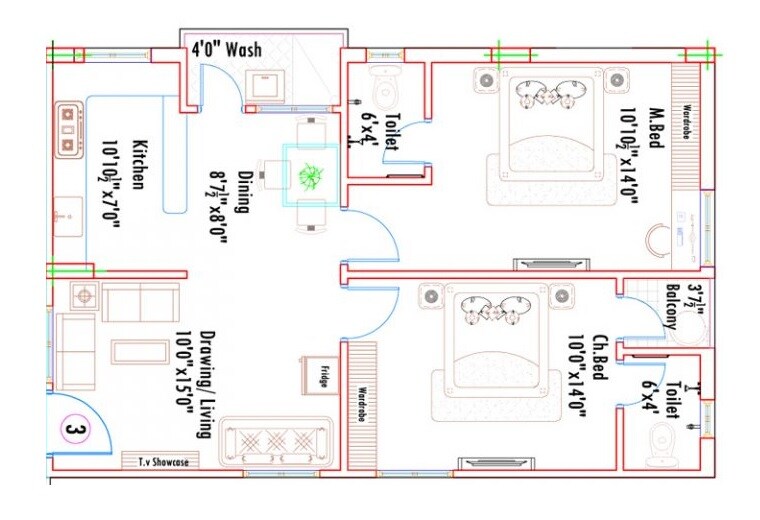 Floor plan of 2 BHK 1255 Sq. Ft. Apartment in Mahathi Jaswitha Cyber Connect, Hyderabad