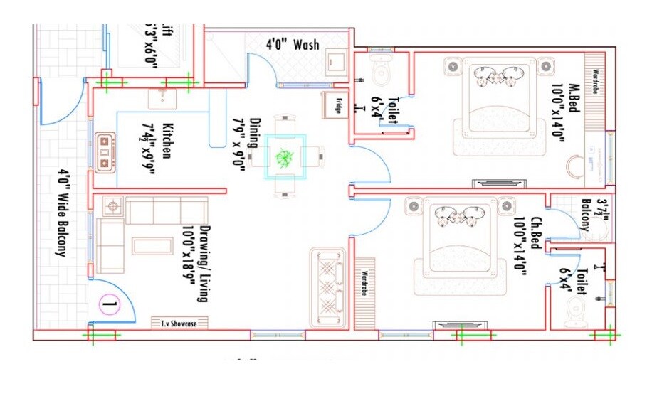 Floor plan of 2 BHK 1280 Sq. Ft. Apartment in Mahathi Jaswitha Cyber Connect, Hyderabad