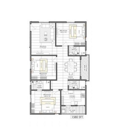 Floor plan of 3 BHK 1580 Sq. Ft. Apartment in Mahathi Jaswitha Cyber Connect, Hyderabad