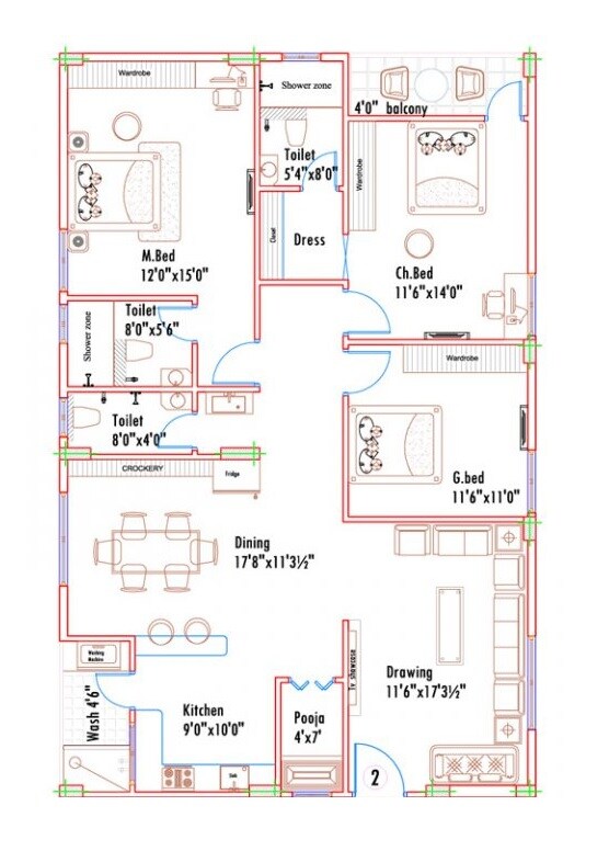 Floor plan of 3 BHK 1930 Sq. Ft. Apartment in Mahathi Jaswitha Cyber Connect, Hyderabad