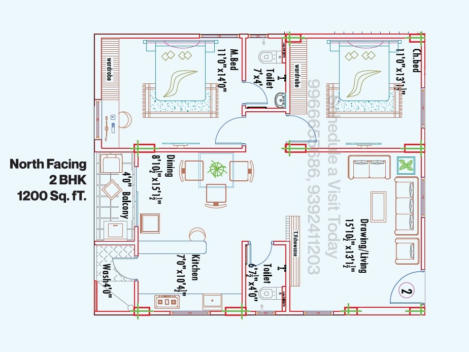Floor plan of 2 BHK 1200 Sq. Ft. Apartment in Mahathi Jaswitha Cyber Nest, Hyderabad
