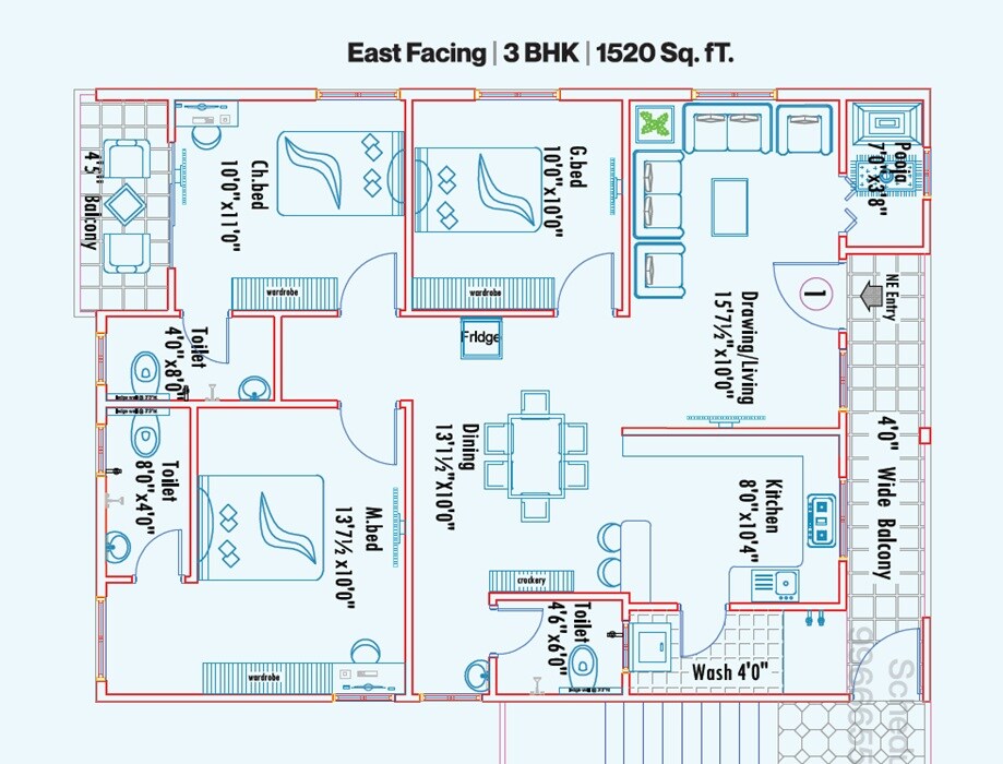 Floor plan of 3 BHK 1520 Sq. Ft. Apartment in Mahathi Jaswitha Cyber Nest, Hyderabad
