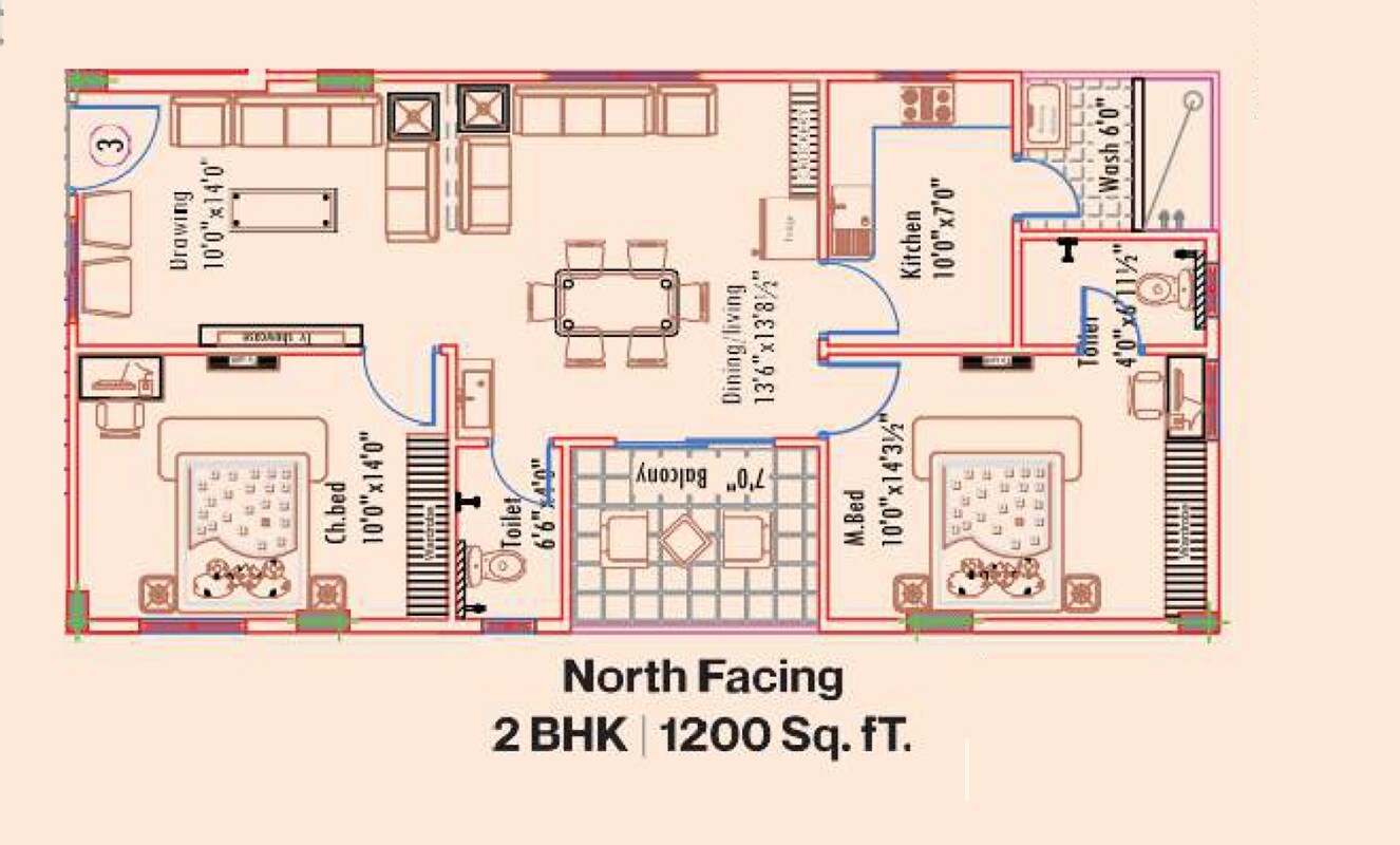 Floor plan of 2 BHK 1200 Sq. Ft. Apartment in Mahathi Jaswitha Cyber Ridge, Hyderabad