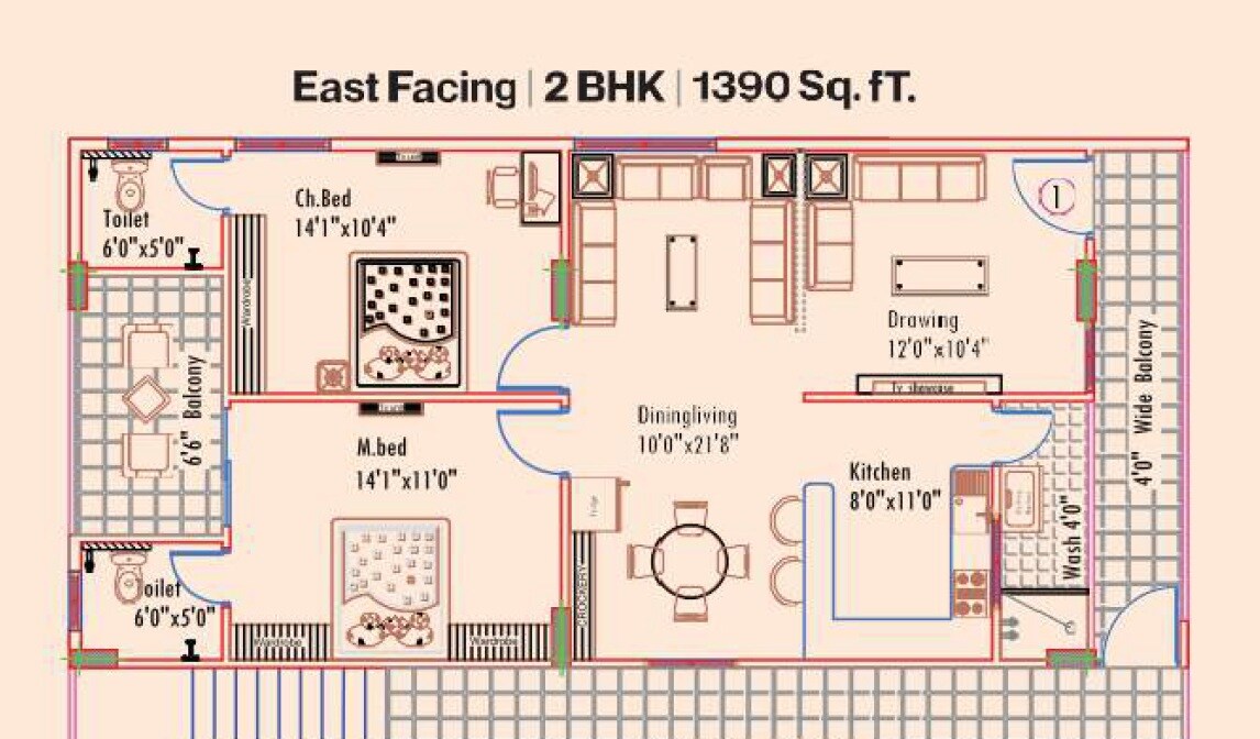 Floor plan of 2 BHK 1390 Sq. Ft. Apartment in Mahathi Jaswitha Cyber Ridge, Hyderabad