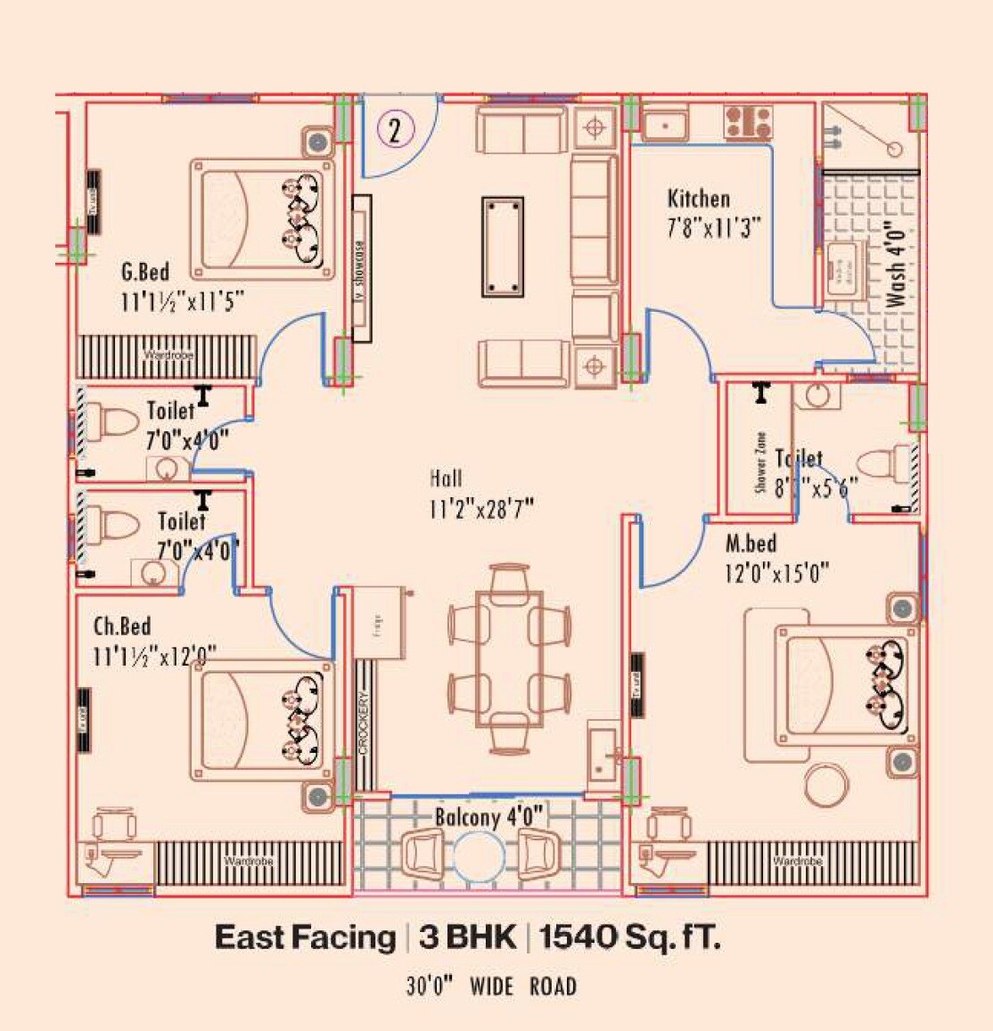 Floor plan of 3 BHK 1540 Sq. Ft. Apartment in Mahathi Jaswitha Cyber Ridge, Hyderabad