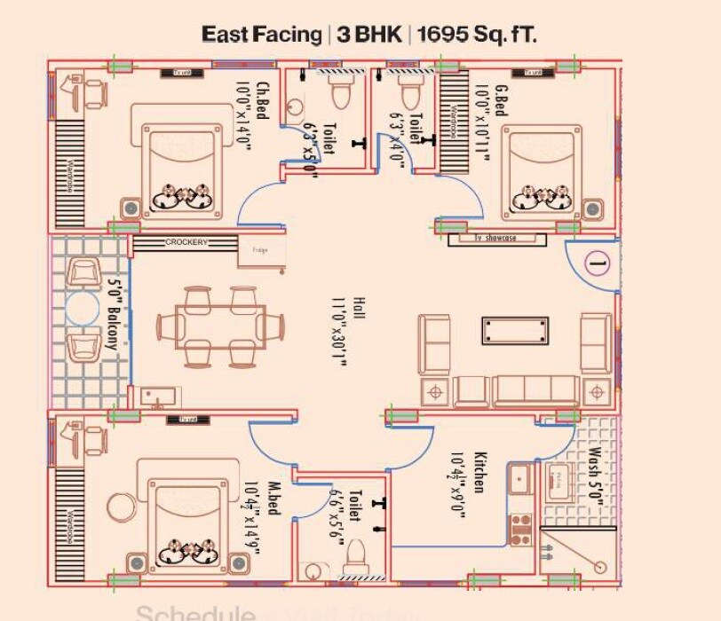Floor plan of 3 BHK 1695 Sq. Ft. Apartment in Mahathi Jaswitha Cyber Ridge, Hyderabad