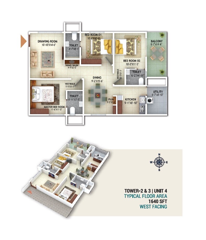 Floor plan of 3 BHK 1640 Sq. Ft. Apartment in Mahaveer Crystal Garden, Hyderabad