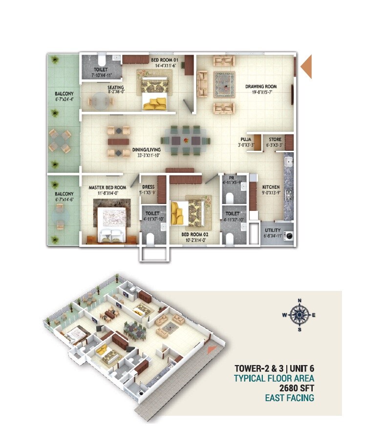 Floor plan of 3 BHK 2680 Sq. Ft. Apartment in Mahaveer Crystal Garden, Hyderabad