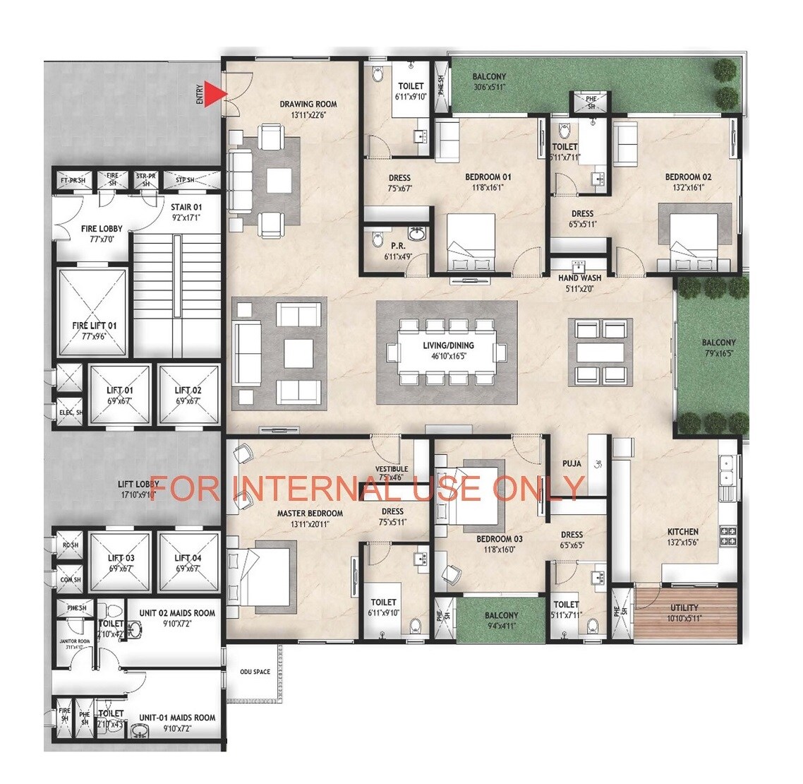 Floor plan of 4 BHK 4550 Sq. Ft. Apartment in Mahaveer Crystal Garden, Hyderabad