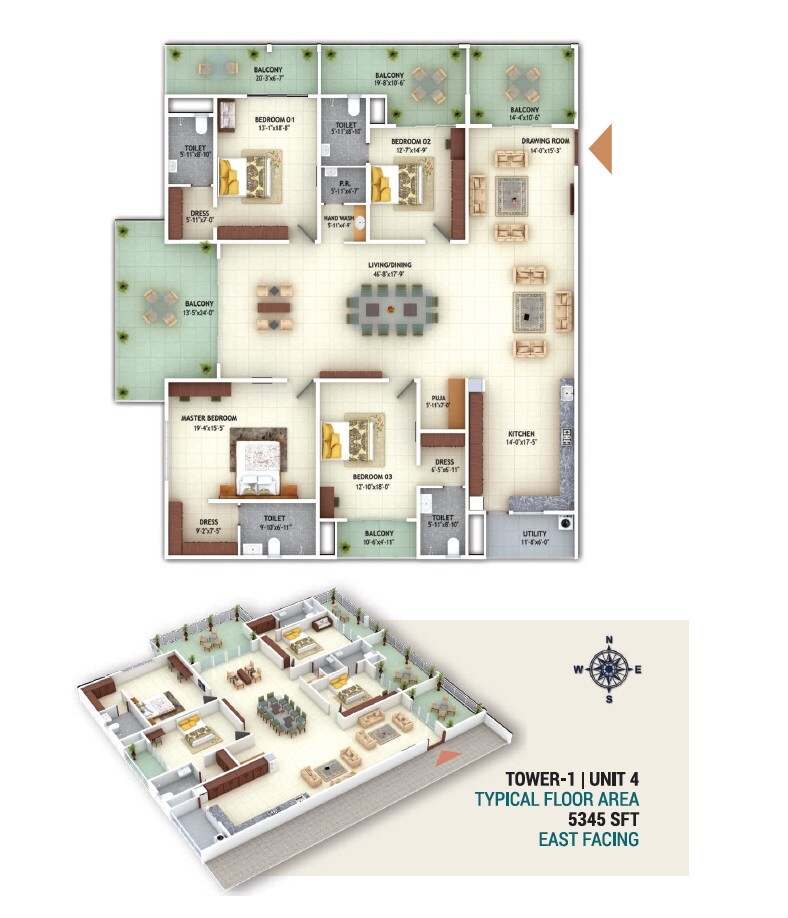 Floor plan of 4 BHK 5345 Sq. Ft. Apartment in Mahaveer Crystal Garden, Hyderabad