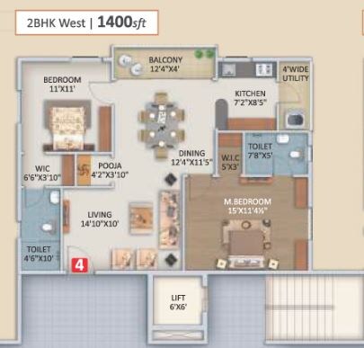 Floor plan of 2 BHK 1400 Sq. Ft. Apartment in Mahaveer Palm Grove, Hyderabad