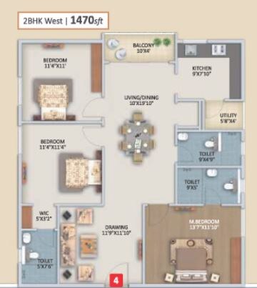 Floor plan of 2 BHK 1470 Sq. Ft. Apartment in Mahaveer Palm Grove, Hyderabad