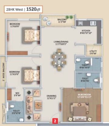 Floor plan of 3 BHK 1520 Sq. Ft. Apartment in Mahaveer Palm Grove, Hyderabad