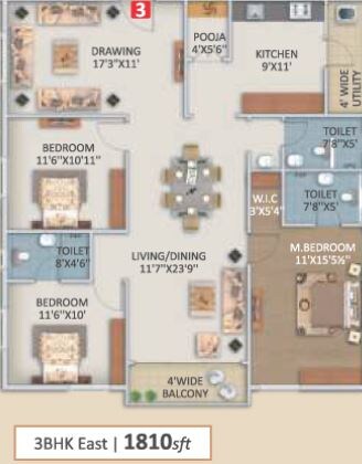 Floor plan of 3 BHK 1810 Sq. Ft. Apartment in Mahaveer Palm Grove, Hyderabad