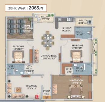Floor plan of 3 BHK 2065 Sq. Ft. Apartment in Mahaveer Palm Grove, Hyderabad