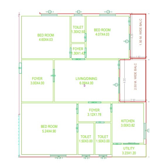 Floor plan of 3 BHK 1942 Sq. Ft. Apartment in Mahitha Green Botanica, Hyderabad