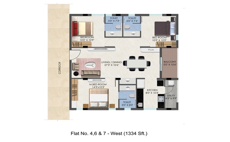 Floor plan of 3 BHK 1334 Sq. Ft. Apartment in MAK BTR Serenity, Hyderabad