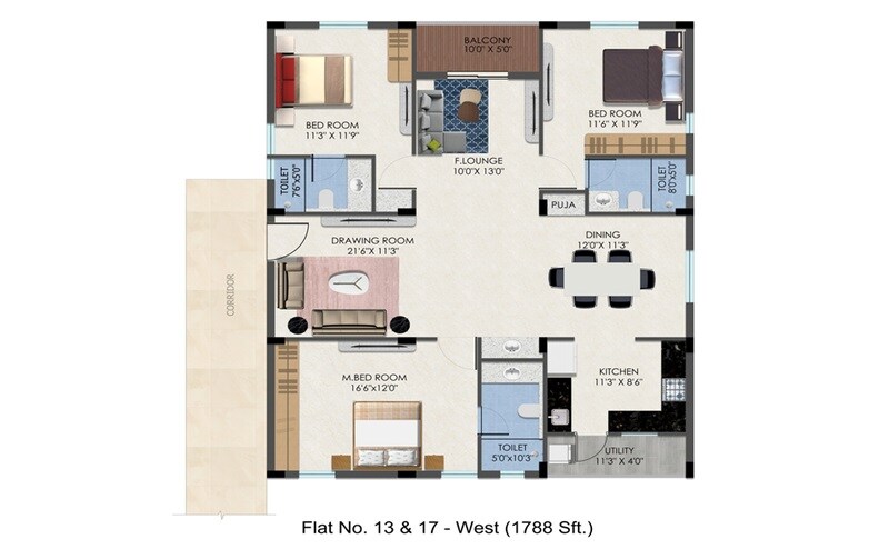 Floor plan of 3 BHK 1788 Sq. Ft. Apartment in MAK BTR Serenity, Hyderabad