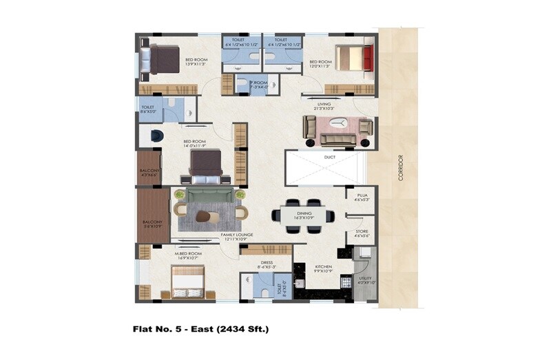 Floor plan of 4 BHK 2434 Sq. Ft. Apartment in MAK BTR Serenity, Hyderabad