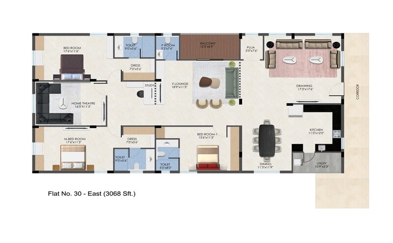 Floor plan of 4 BHK 3068 Sq. Ft. Apartment in MAK BTR Serenity, Hyderabad
