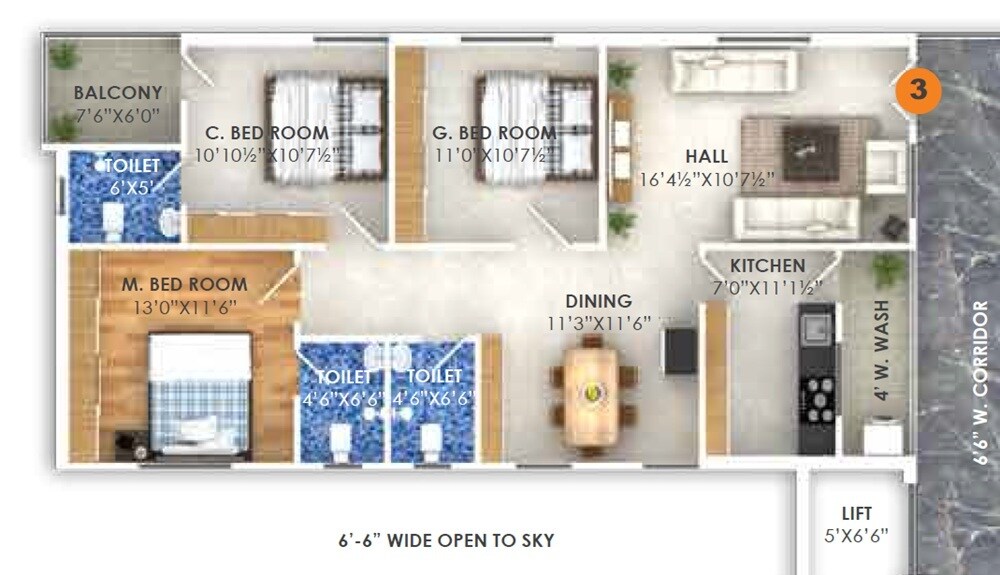 Floor plan of 3 BHK 1289 Sq. Ft. Apartment in Makanas Maarvel Aura, Hyderabad