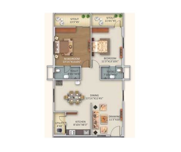 Floor plan of 2 BHK 1140 Sq. Ft. Apartment in Makuta My Space 2, Hyderabad
