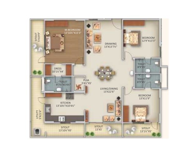 Floor plan of 3 BHK 2485 Sq. Ft. Apartment in Makuta My Space 2, Hyderabad