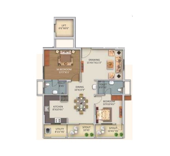 Floor plan of 2 BHK 2155 Sq. Ft. Apartment in Makuta My Space, Hyderabad