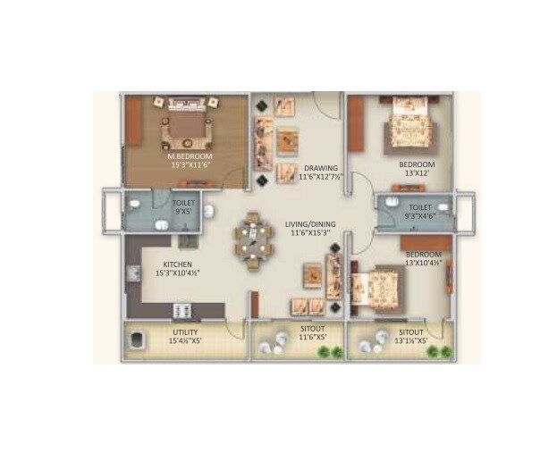 Floor plan of 3 BHK 2340 Sq. Ft. Apartment in Makuta My Space, Hyderabad