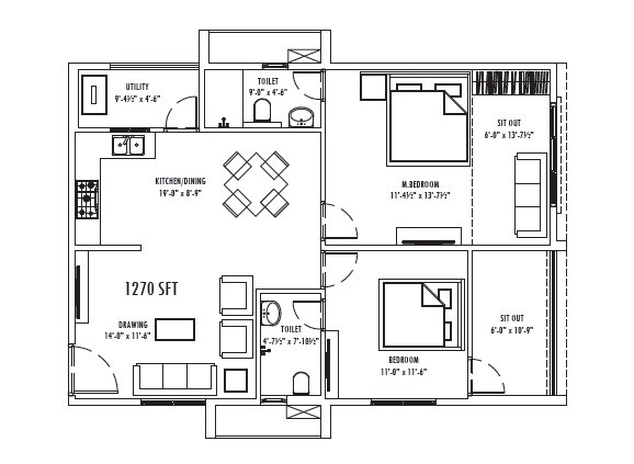 Floor plan of 2 BHK 1270 Sq. Ft. Apartment in Makuta Nirvana, Hyderabad