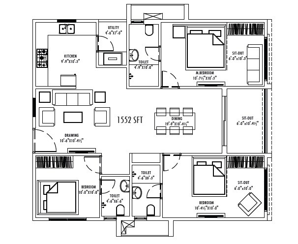 Floor plan of 3 BHK 1552 Sq. Ft. Apartment in Makuta Nirvana, Hyderabad