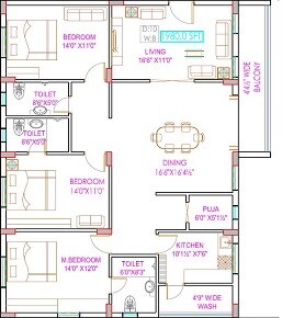 Floor plan of 3 BHK 1980 Sq. Ft. Apartment in Malaysian Township, Hyderabad