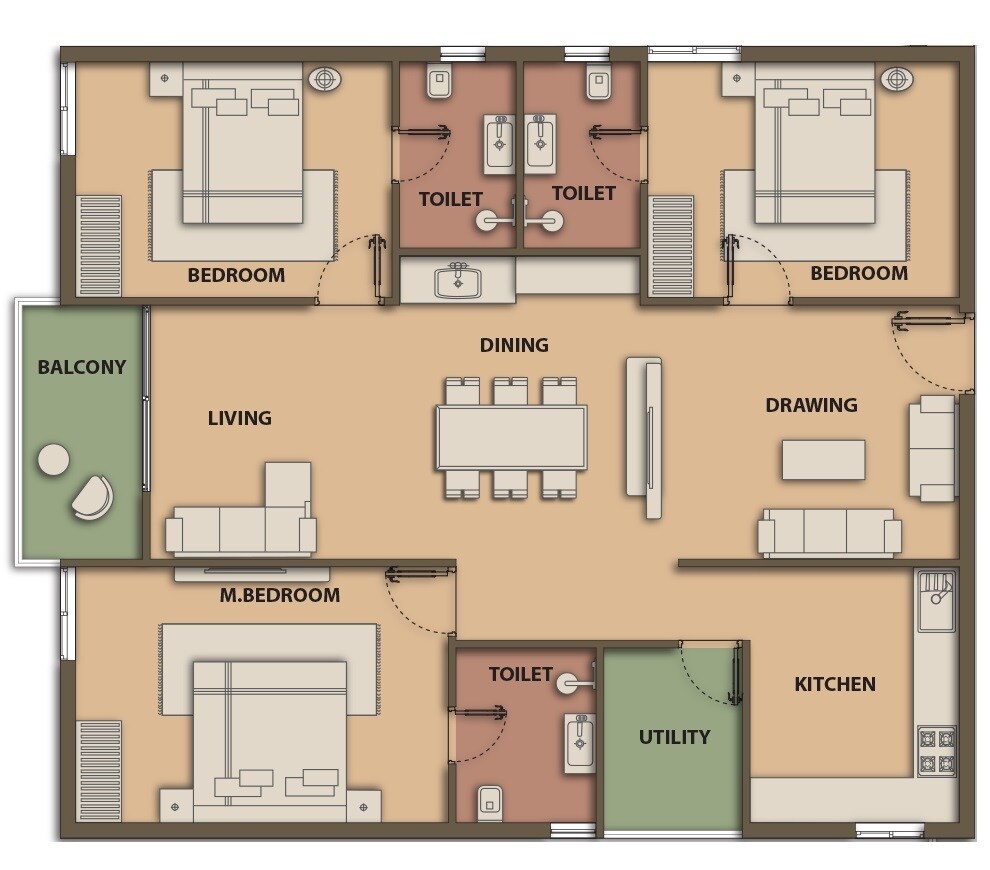 Floor plan of 3 BHK 1702 Sq. Ft. Apartment in Manbhum A Grove By The Lake, Hyderabad