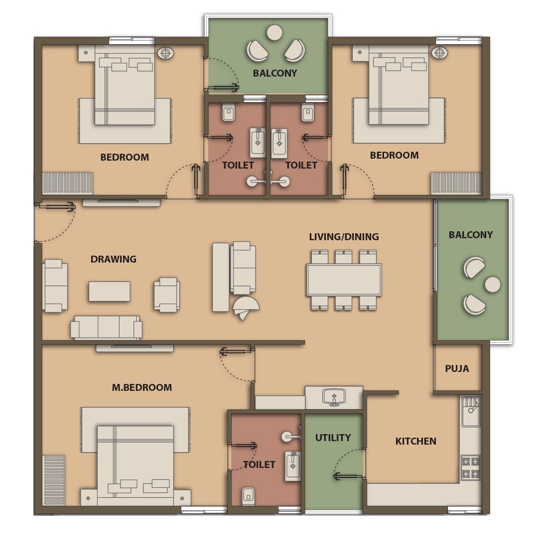 Floor plan of 3 BHK 2086 Sq. Ft. Apartment in Manbhum A Grove By The Lake, Hyderabad