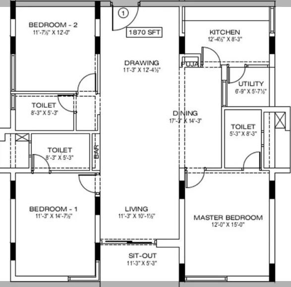 Floor plan of 3 BHK 1870 Sq. Ft. Apartment in Manbhum Around The Grove, Hyderabad