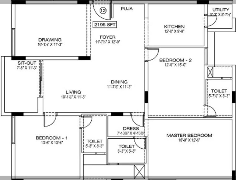Floor plan of 3 BHK 2195 Sq. Ft. Apartment in Manbhum Around The Grove, Hyderabad