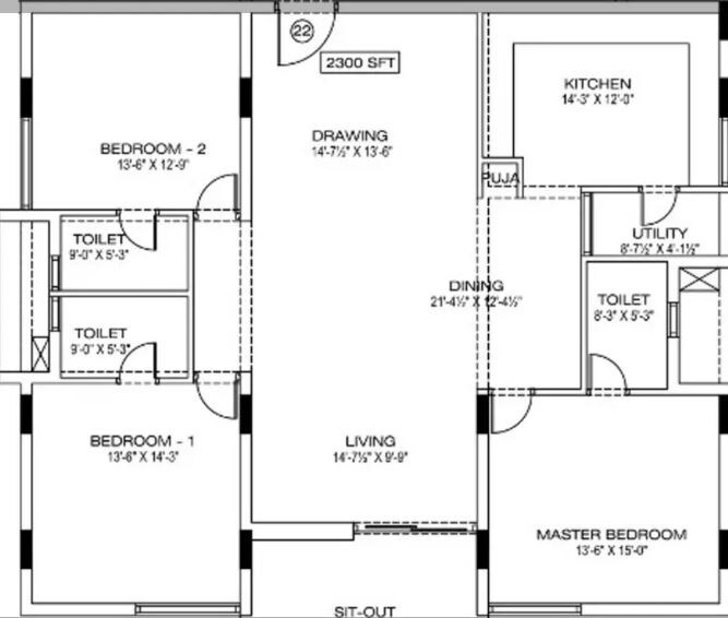 Floor plan of 3 BHK 2300 Sq. Ft. Apartment in Manbhum Around The Grove, Hyderabad