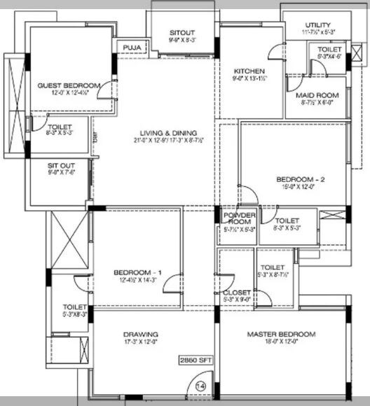 Floor plan of 4 BHK 2860 Sq. Ft. Apartment in Manbhum Around The Grove, Hyderabad