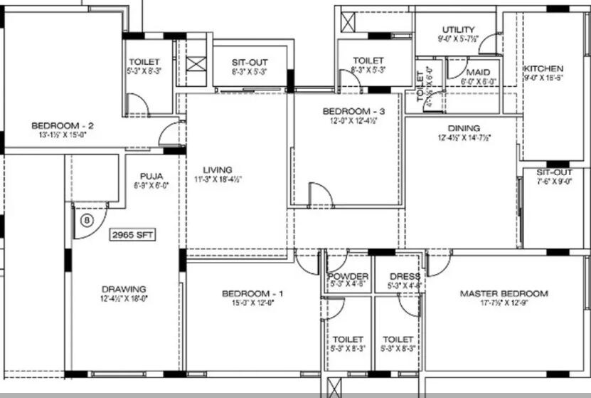 Floor plan of 4 BHK 2965 Sq. Ft. Apartment in Manbhum Around The Grove, Hyderabad