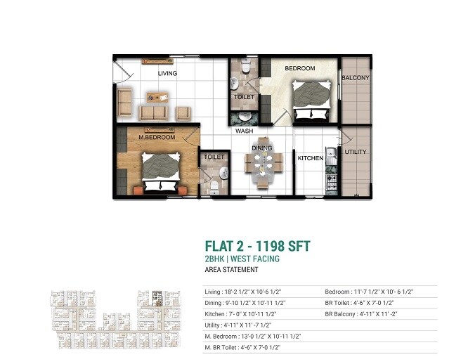 Floor plan of 2 BHK 1198 Sq. Ft. Apartment in Manbhum Hometree, Hyderabad